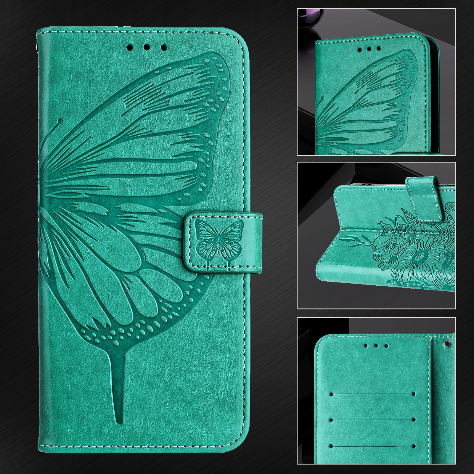 For Google Pixel 9 Pro XL Case YB Imprinting Series-4 Butterfly Flower Flip Wallet Leather Phone Cover - Green