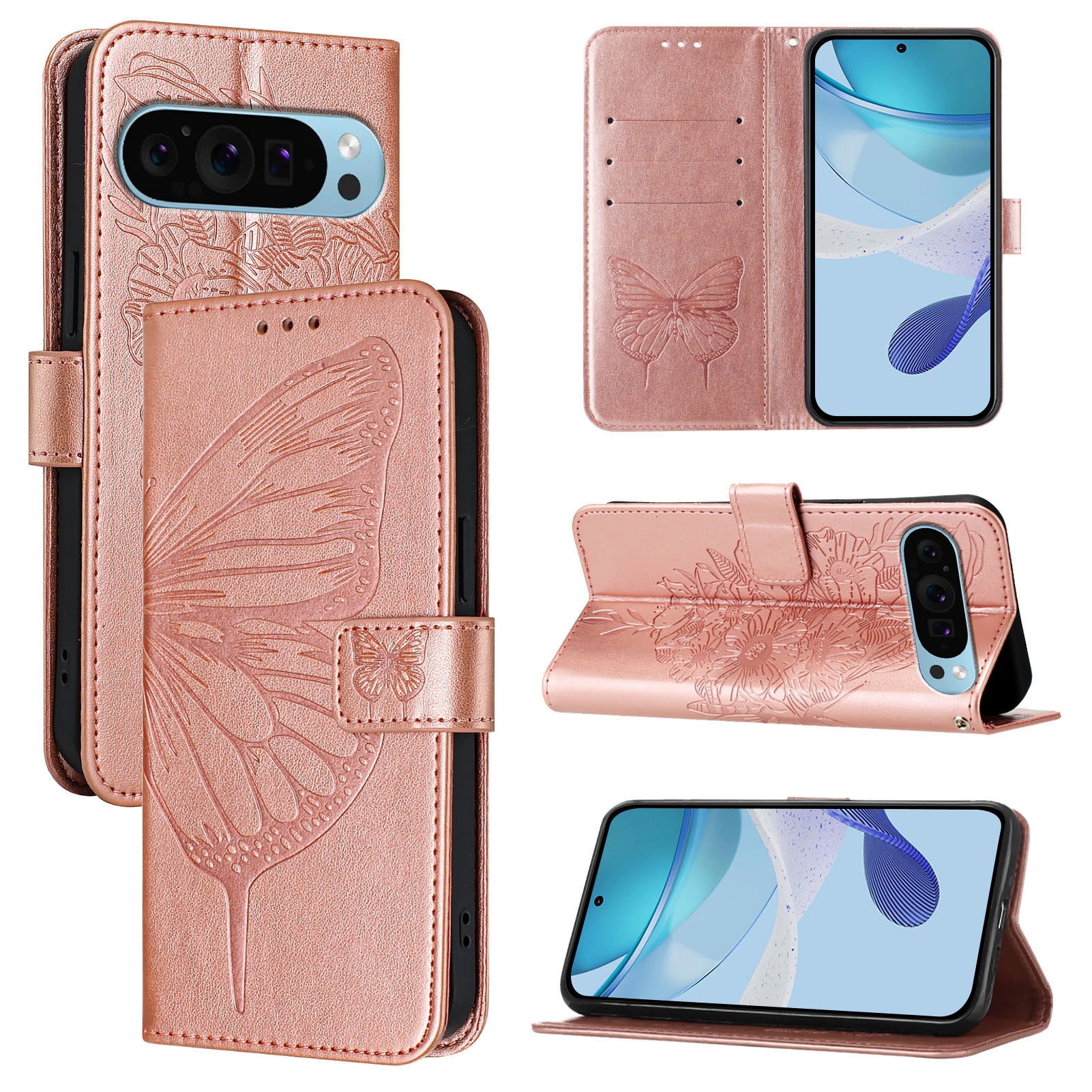 For Google Pixel 9 Pro XL Case YB Imprinting Series-4 Butterfly Flower Flip Wallet Leather Phone Cover -  Rose Gold