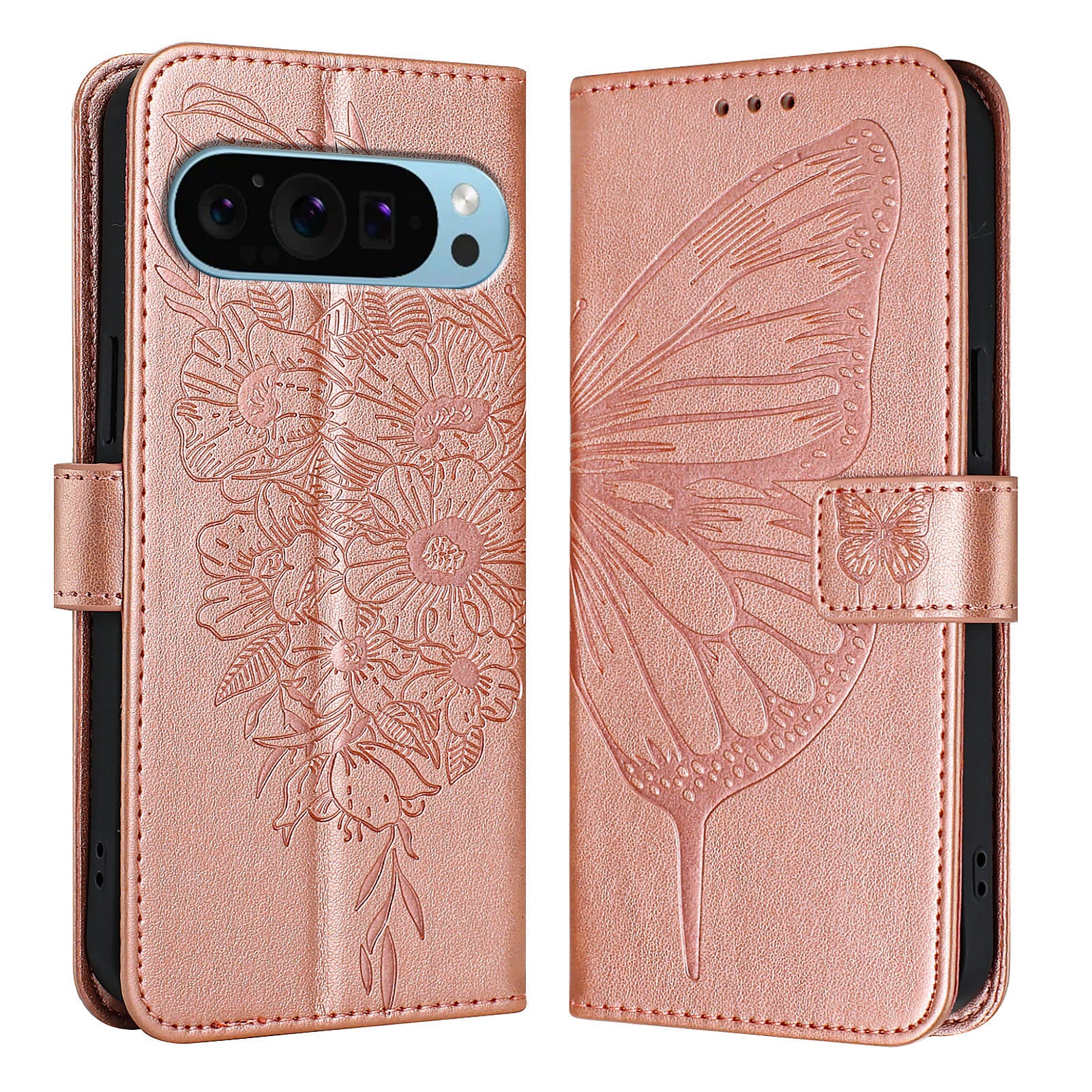 For Google Pixel 9 Pro XL Case YB Imprinting Series-4 Butterfly Flower Flip Wallet Leather Phone Cover -  Rose Gold