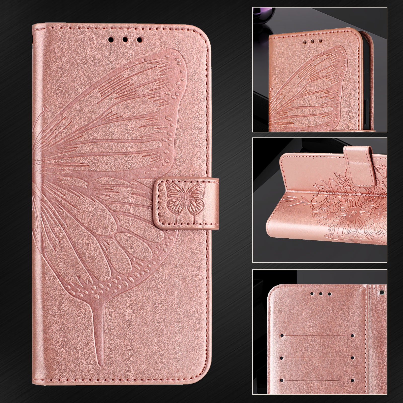 For Google Pixel 9 Pro XL Case YB Imprinting Series-4 Butterfly Flower Flip Wallet Leather Phone Cover -  Rose Gold