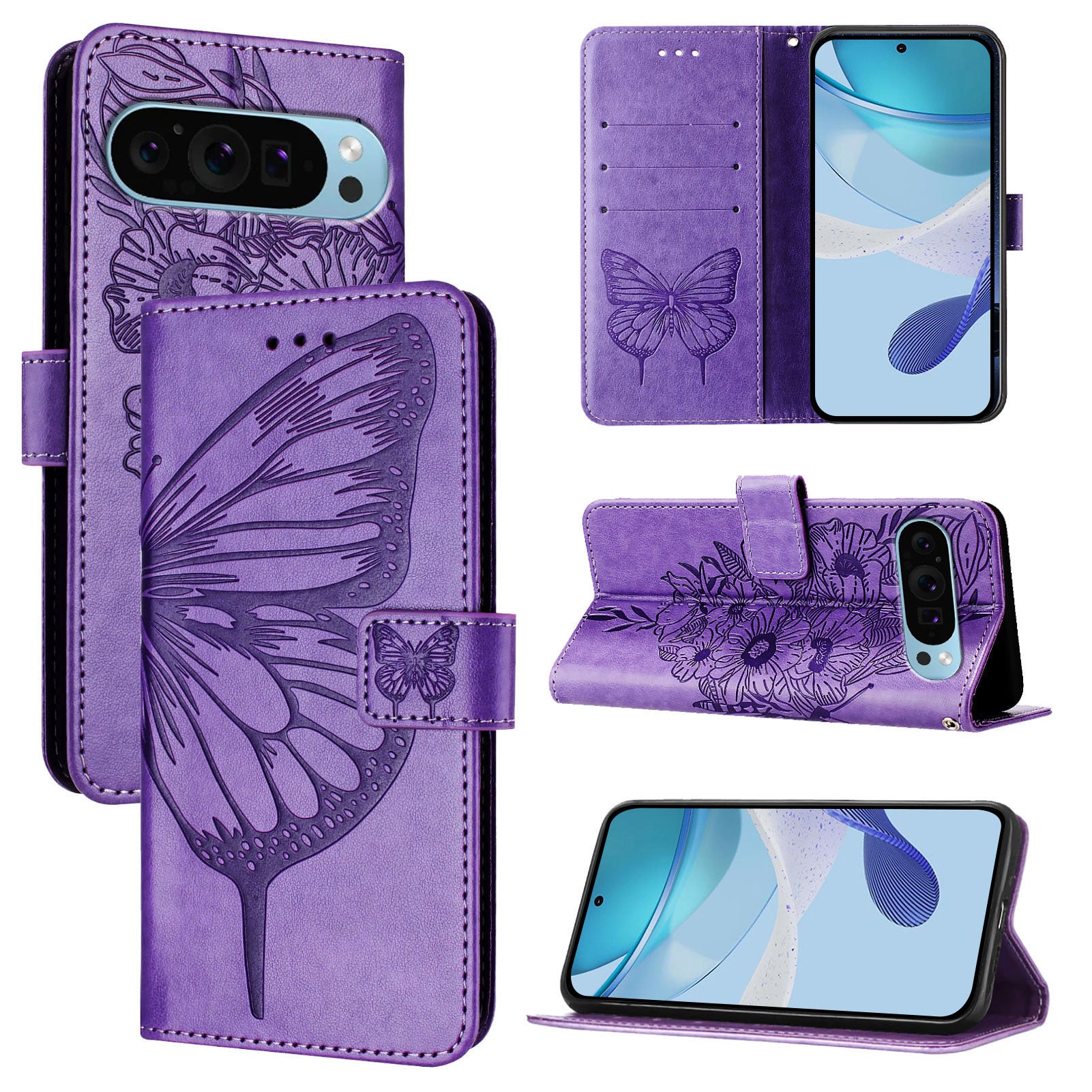 For Google Pixel 9 Pro XL Case YB Imprinting Series-4 Butterfly Flower Flip Wallet Leather Phone Cover - Purple