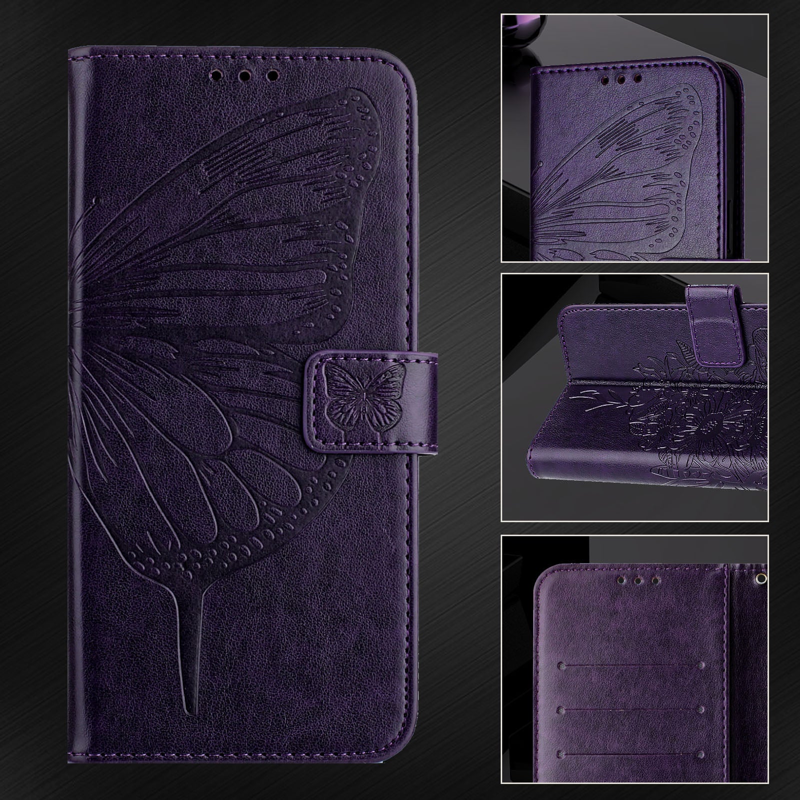 For Google Pixel 9 Pro XL Case YB Imprinting Series-4 Butterfly Flower Flip Wallet Leather Phone Cover - Dark Purple