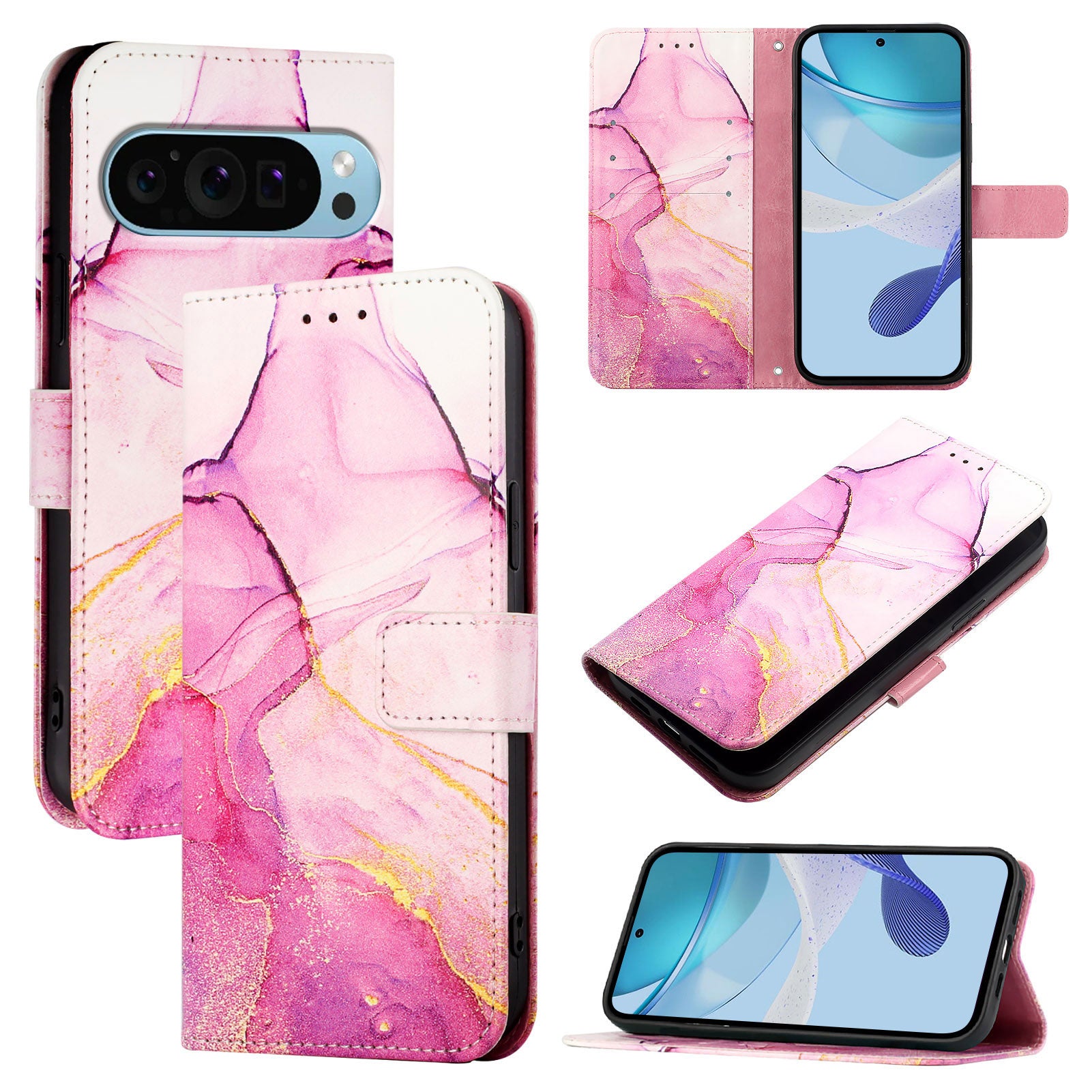 For Google Pixel 9 Pro XL Case YB Pattern Printing Leather Series-5   Marble Pattern Wallet Phone Cover - Pink / Purple / Gold LS001