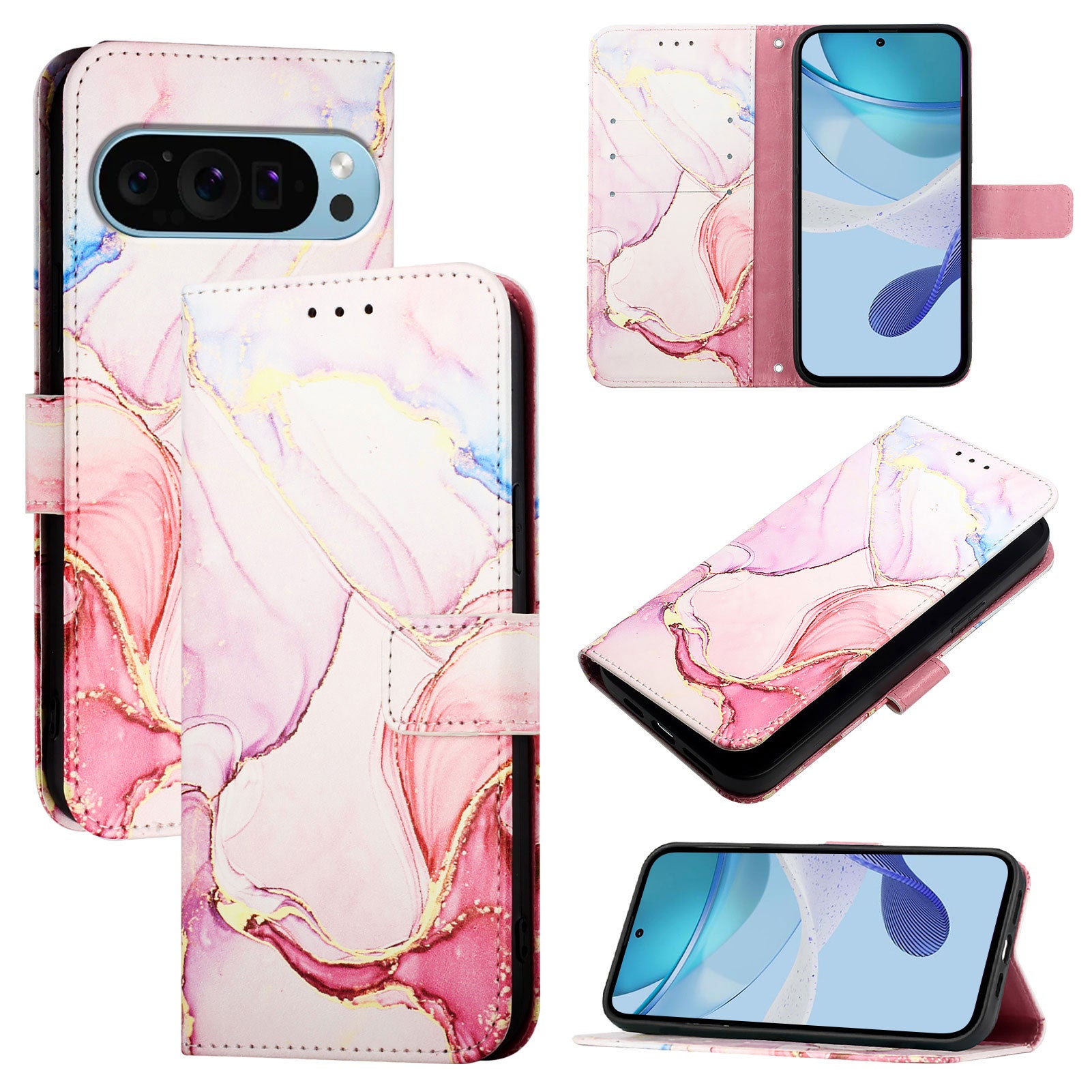 For Google Pixel 9 Pro XL Case YB Pattern Printing Leather Series-5   Marble Pattern Wallet Phone Cover - Rose Gold LS005