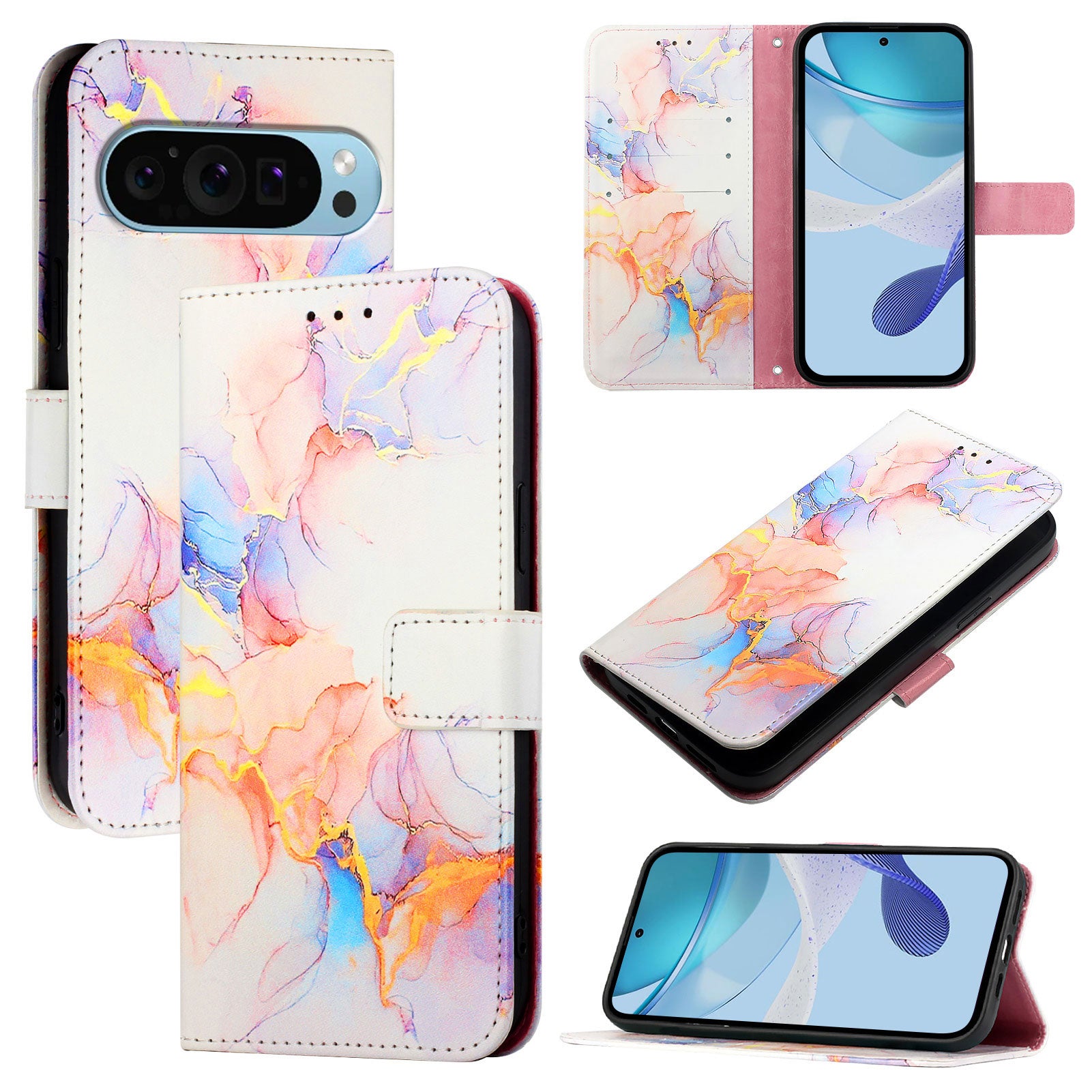 For Google Pixel 9 Pro XL Case YB Pattern Printing Leather Series-5   Marble Pattern Wallet Phone Cover - Milky Way Marble White LS004