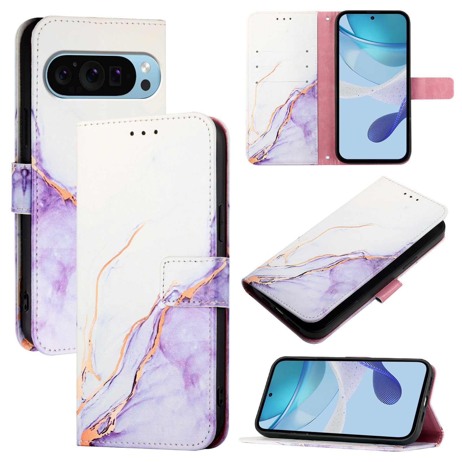 For Google Pixel 9 Pro XL Case YB Pattern Printing Leather Series-5   Marble Pattern Wallet Phone Cover - White / Purple LS006