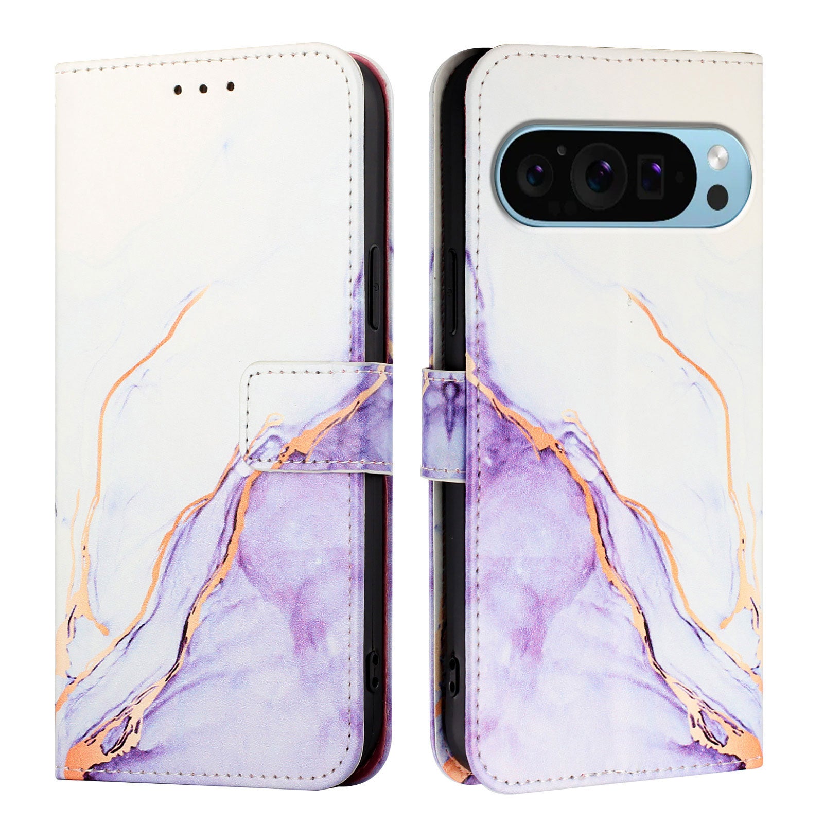 For Google Pixel 9 Pro XL Case YB Pattern Printing Leather Series-5   Marble Pattern Wallet Phone Cover - White / Purple LS006