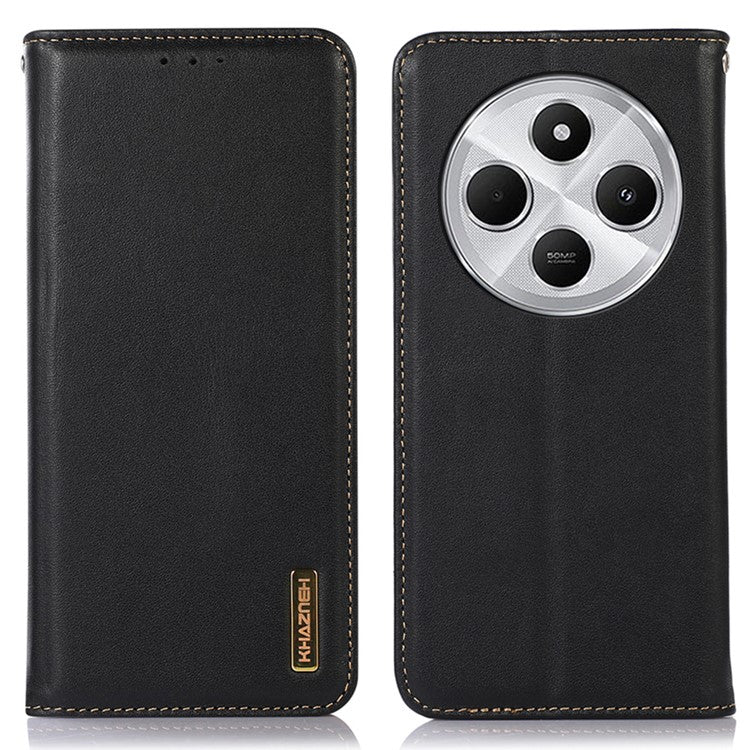 KHAZNEH For Xiaomi Poco C75 4G / Redmi 14R 5G / 14C 4G Case Genuine Cow Leather Wallet Phone Cover Nappa Texture - Black