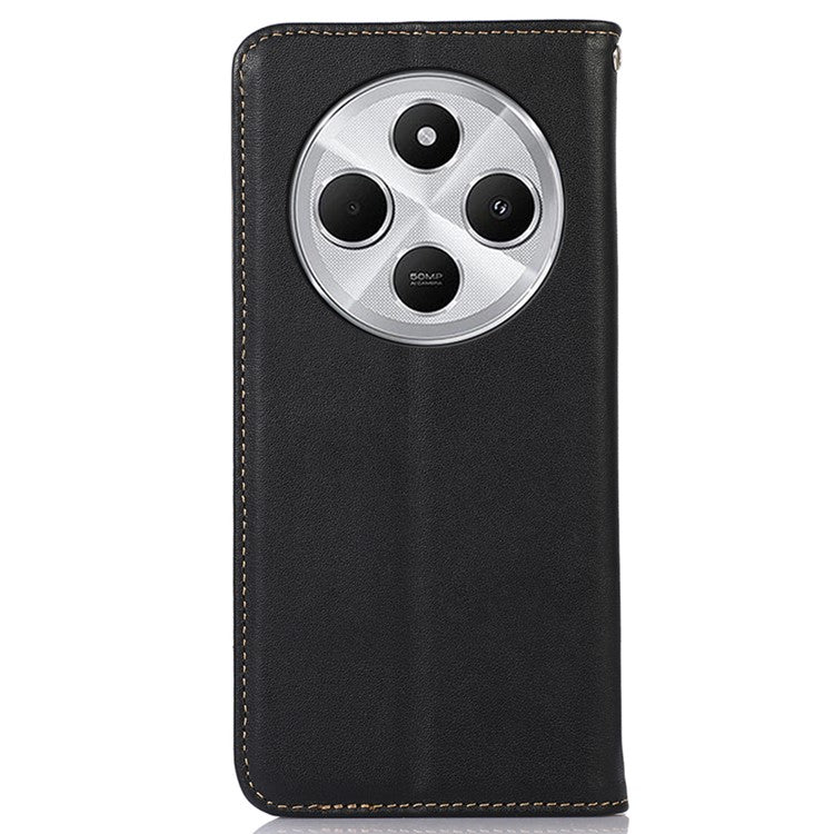 KHAZNEH For Xiaomi Poco C75 4G / Redmi 14R 5G / 14C 4G Case Genuine Cow Leather Wallet Phone Cover Nappa Texture - Black