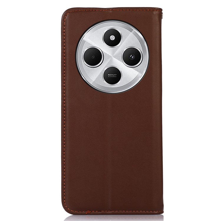 KHAZNEH For Xiaomi Poco C75 4G / Redmi 14R 5G / 14C 4G Case Genuine Cow Leather Wallet Phone Cover Nappa Texture - Brown