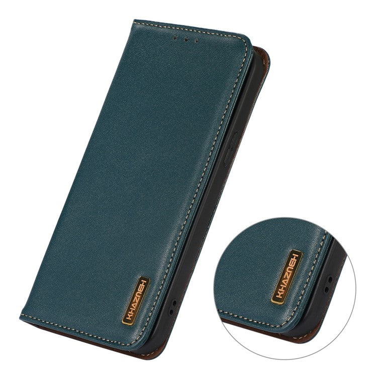 KHAZNEH For Xiaomi Poco C75 4G / Redmi 14R 5G / 14C 4G Case Genuine Cow Leather Wallet Phone Cover Nappa Texture - Green