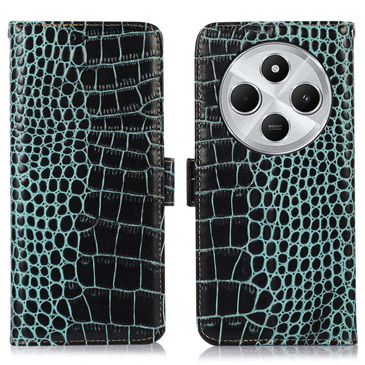 For Xiaomi Poco C75 4G / Redmi 14R 5G / 14C 4G Case Crocodile Texture Genuine Cow Leather Phone Wallet Cover - Green