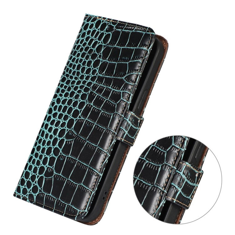 For Xiaomi Poco C75 4G / Redmi 14R 5G / 14C 4G Case Crocodile Texture Genuine Cow Leather Phone Wallet Cover - Green