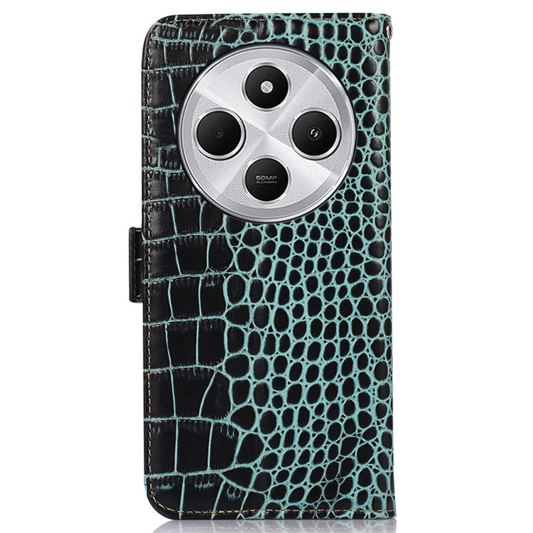 For Xiaomi Poco C75 4G / Redmi 14R 5G / 14C 4G Case Crocodile Texture Genuine Cow Leather Phone Wallet Cover - Green