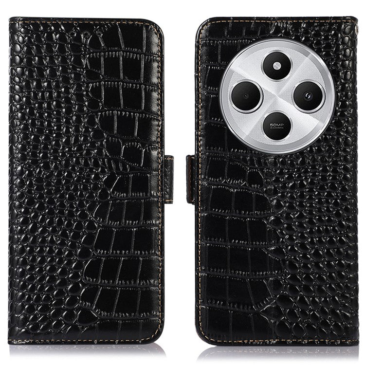 For Xiaomi Poco C75 4G / Redmi 14R 5G / 14C 4G Case Crocodile Texture Genuine Cow Leather Phone Wallet Cover - Black