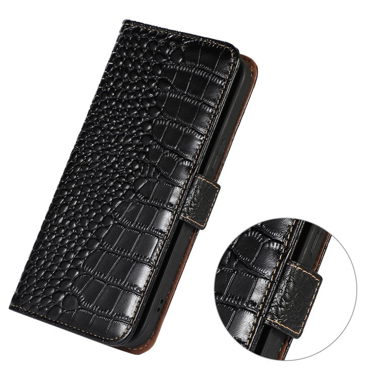 For Xiaomi Poco C75 4G / Redmi 14R 5G / 14C 4G Case Crocodile Texture Genuine Cow Leather Phone Wallet Cover - Black