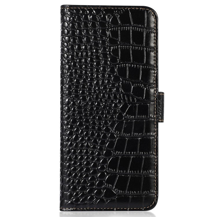 For Xiaomi Poco C75 4G / Redmi 14R 5G / 14C 4G Case Crocodile Texture Genuine Cow Leather Phone Wallet Cover - Black