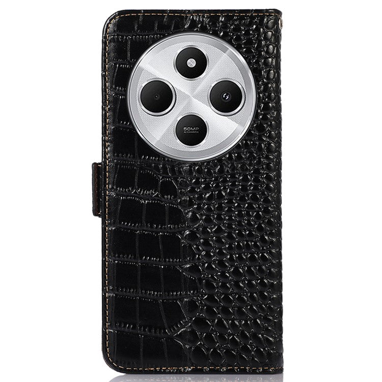 For Xiaomi Poco C75 4G / Redmi 14R 5G / 14C 4G Case Crocodile Texture Genuine Cow Leather Phone Wallet Cover - Black