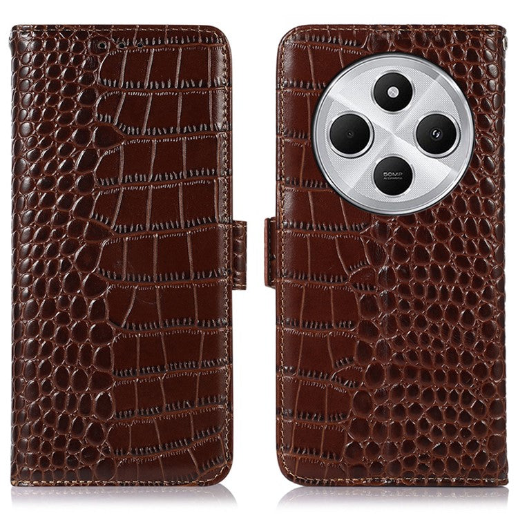 For Xiaomi Poco C75 4G / Redmi 14R 5G / 14C 4G Case Crocodile Texture Genuine Cow Leather Phone Wallet Cover - Brown