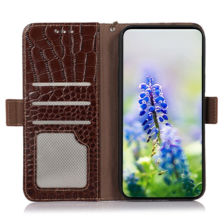 For Xiaomi Poco C75 4G / Redmi 14R 5G / 14C 4G Case Crocodile Texture Genuine Cow Leather Phone Wallet Cover - Brown