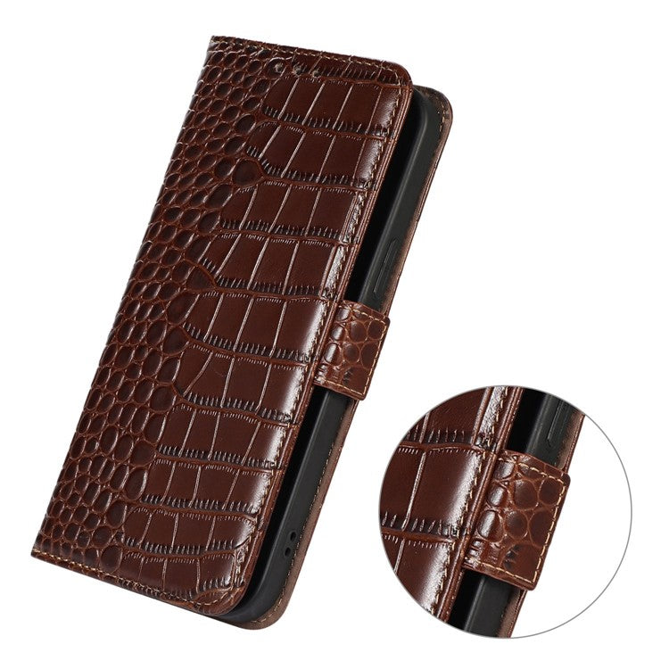 For Xiaomi Poco C75 4G / Redmi 14R 5G / 14C 4G Case Crocodile Texture Genuine Cow Leather Phone Wallet Cover - Brown