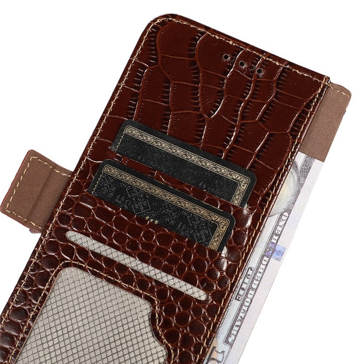 For Xiaomi Poco C75 4G / Redmi 14R 5G / 14C 4G Case Crocodile Texture Genuine Cow Leather Phone Wallet Cover - Brown