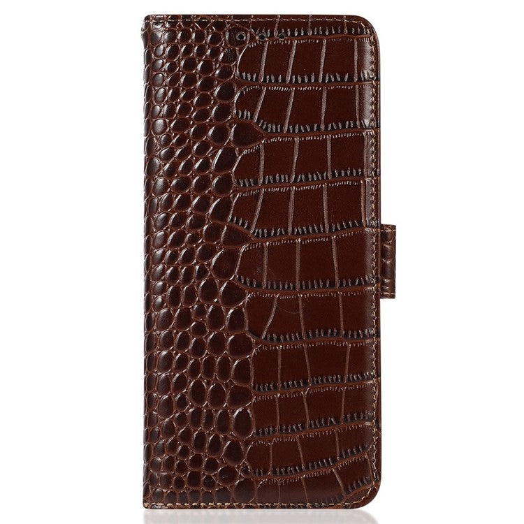 For Xiaomi Poco C75 4G / Redmi 14R 5G / 14C 4G Case Crocodile Texture Genuine Cow Leather Phone Wallet Cover - Brown