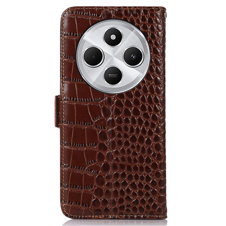 For Xiaomi Poco C75 4G / Redmi 14R 5G / 14C 4G Case Crocodile Texture Genuine Cow Leather Phone Wallet Cover - Brown