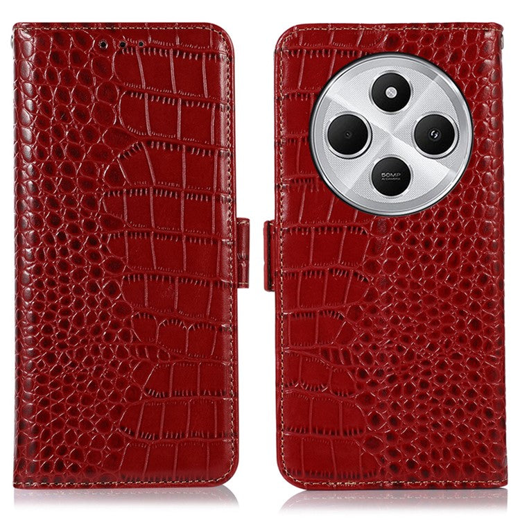 For Xiaomi Poco C75 4G / Redmi 14R 5G / 14C 4G Case Crocodile Texture Genuine Cow Leather Phone Wallet Cover - Red