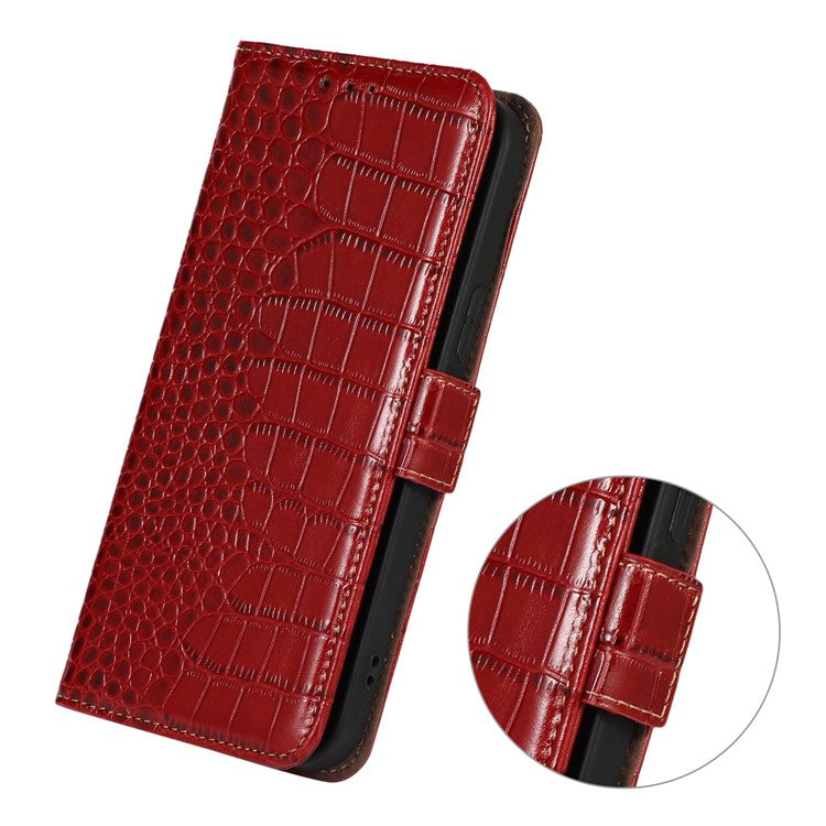 For Xiaomi Poco C75 4G / Redmi 14R 5G / 14C 4G Case Crocodile Texture Genuine Cow Leather Phone Wallet Cover - Red