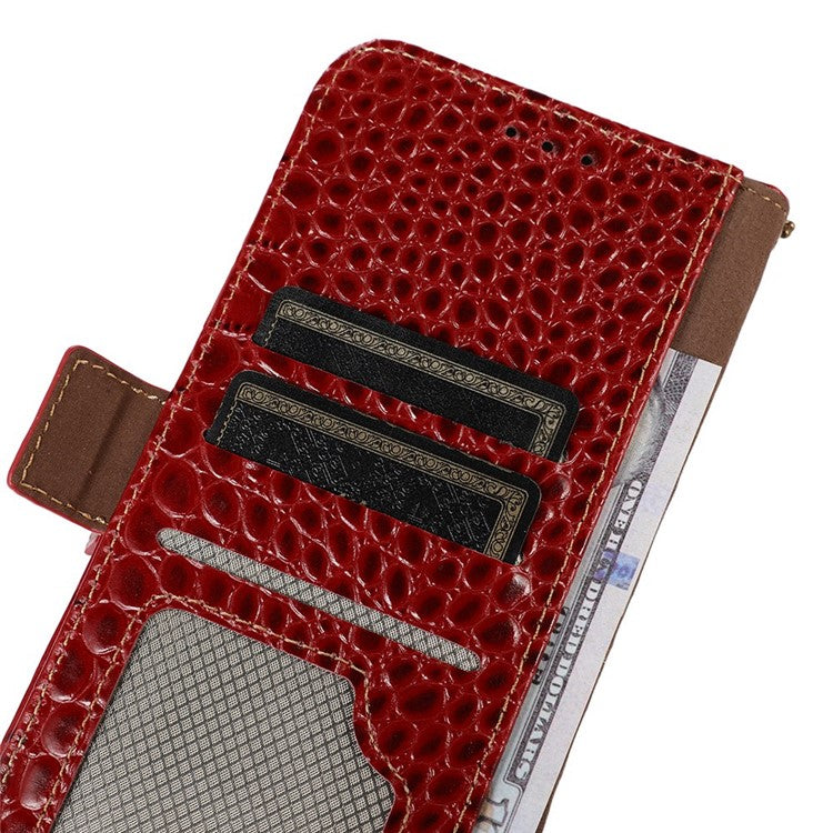 For Xiaomi Poco C75 4G / Redmi 14R 5G / 14C 4G Case Crocodile Texture Genuine Cow Leather Phone Wallet Cover - Red