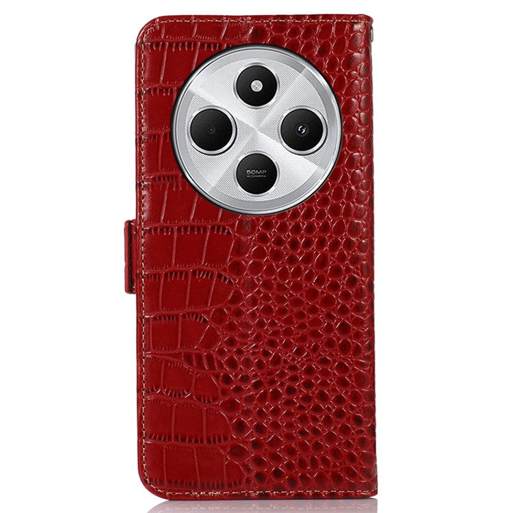 For Xiaomi Poco C75 4G / Redmi 14R 5G / 14C 4G Case Crocodile Texture Genuine Cow Leather Phone Wallet Cover - Red