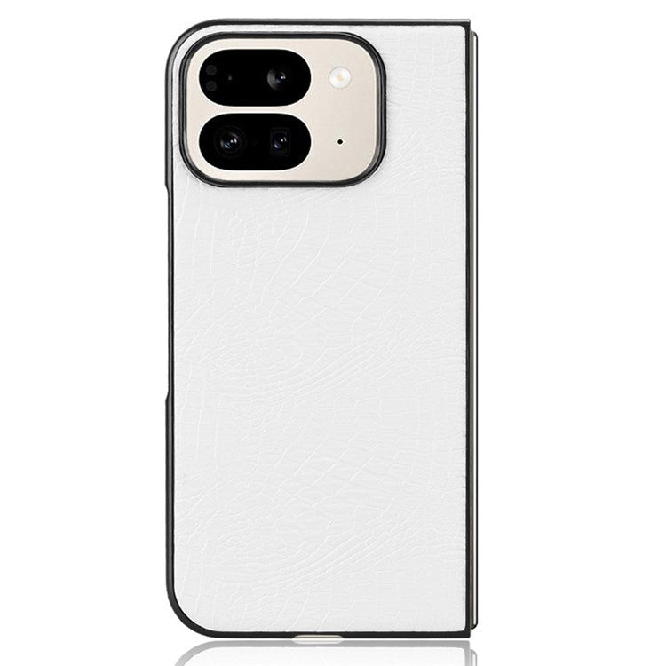 For Google Pixel 9 Pro Fold 5G Case Crocodile Texture Leather Coated Hard PC Phone Cover - White