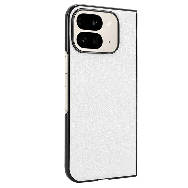 For Google Pixel 9 Pro Fold 5G Case Crocodile Texture Leather Coated Hard PC Phone Cover - White