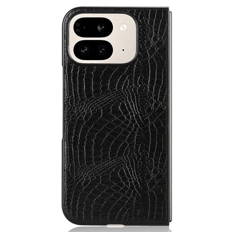 For Google Pixel 9 Pro Fold 5G Case Crocodile Texture Leather Coated Hard PC Phone Cover - Black