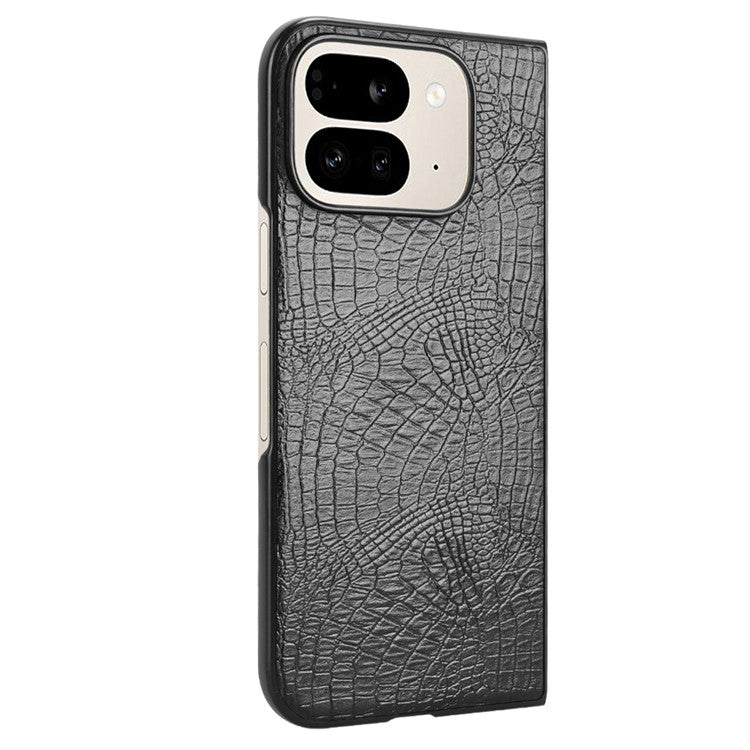 For Google Pixel 9 Pro Fold 5G Case Crocodile Texture Leather Coated Hard PC Phone Cover - Black