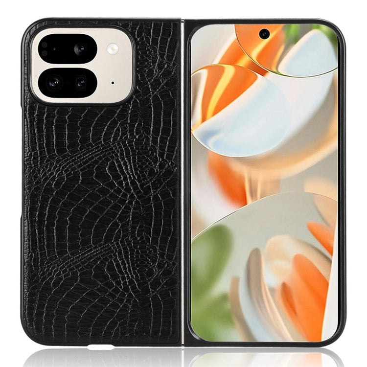 For Google Pixel 9 Pro Fold 5G Case Crocodile Texture Leather Coated Hard PC Phone Cover - Black