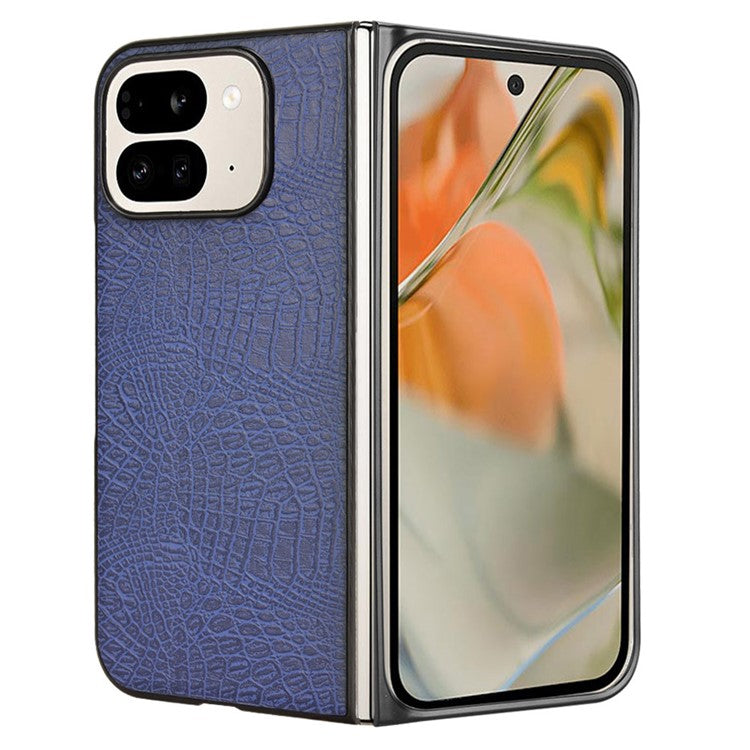 For Google Pixel 9 Pro Fold 5G Case Crocodile Texture Leather Coated Hard PC Phone Cover - Blue