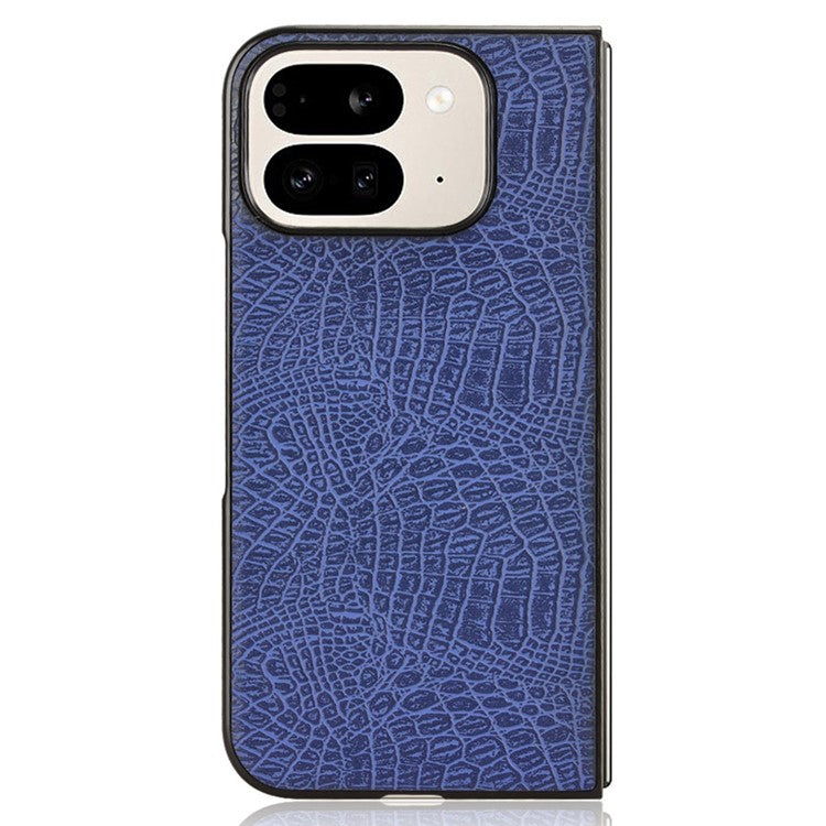 For Google Pixel 9 Pro Fold 5G Case Crocodile Texture Leather Coated Hard PC Phone Cover - Blue