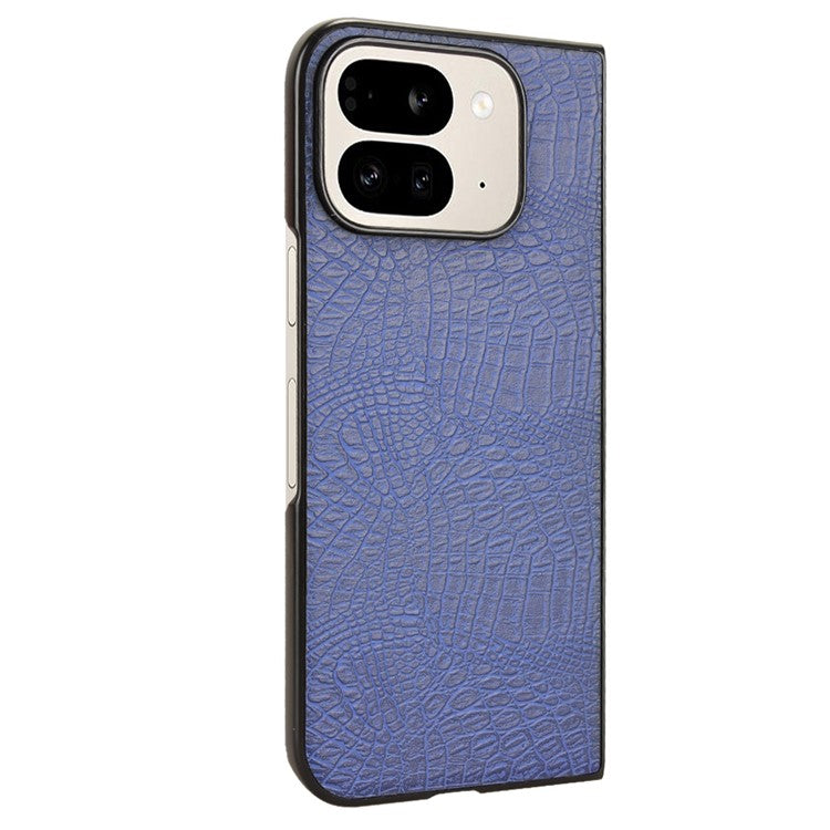 For Google Pixel 9 Pro Fold 5G Case Crocodile Texture Leather Coated Hard PC Phone Cover - Blue