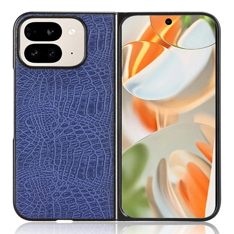 For Google Pixel 9 Pro Fold 5G Case Crocodile Texture Leather Coated Hard PC Phone Cover - Blue