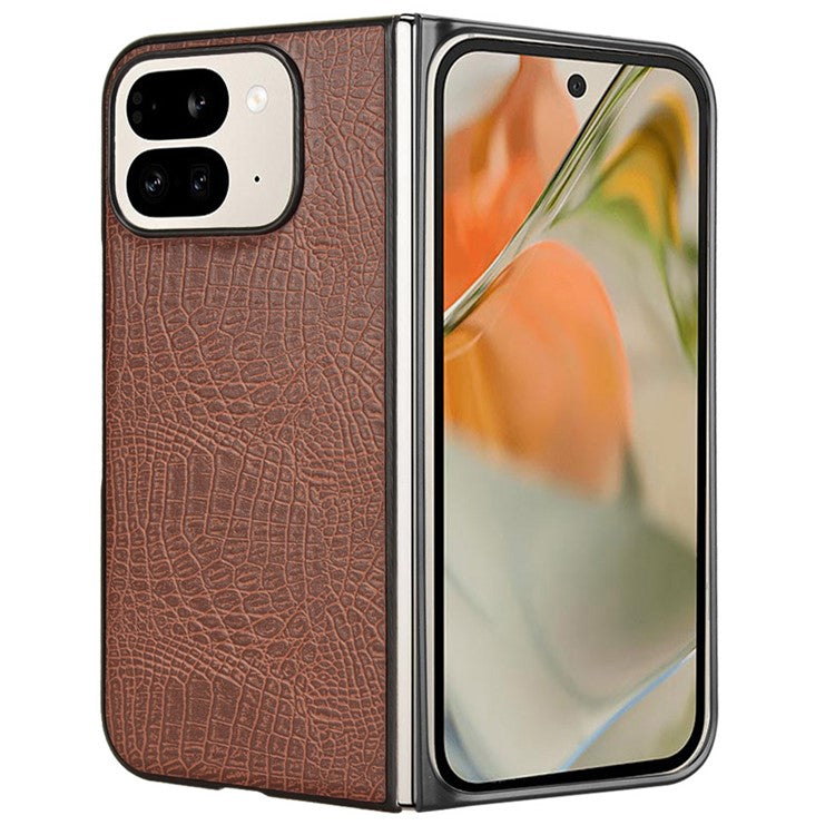 For Google Pixel 9 Pro Fold 5G Case Crocodile Texture Leather Coated Hard PC Phone Cover - Brown