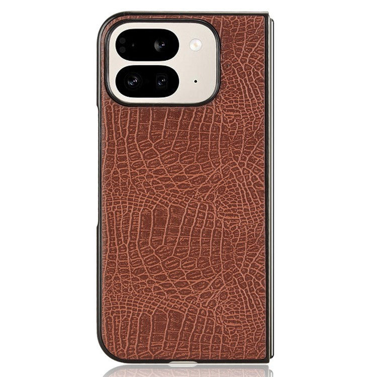 For Google Pixel 9 Pro Fold 5G Case Crocodile Texture Leather Coated Hard PC Phone Cover - Brown