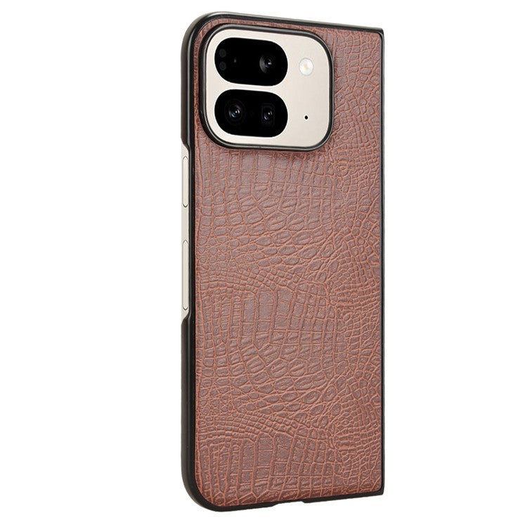 For Google Pixel 9 Pro Fold 5G Case Crocodile Texture Leather Coated Hard PC Phone Cover - Brown