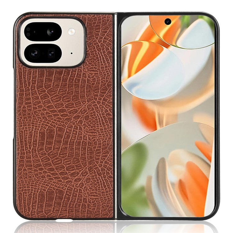 For Google Pixel 9 Pro Fold 5G Case Crocodile Texture Leather Coated Hard PC Phone Cover - Brown