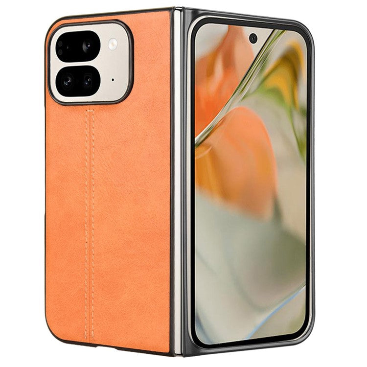 For Google Pixel 9 Pro Fold 5G Case Cowhide Texture Leather+PC Phone Cover Stitching Lines - Orange