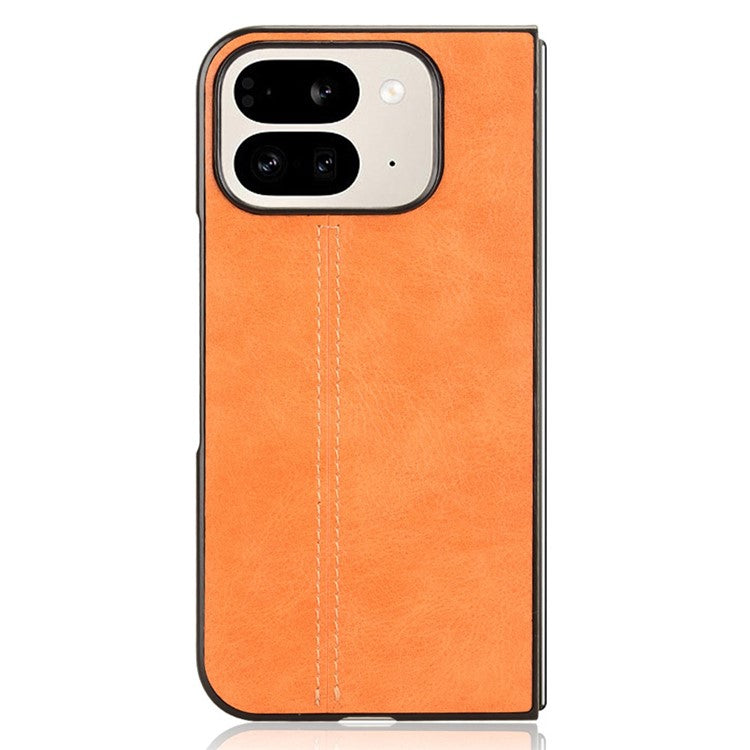 For Google Pixel 9 Pro Fold 5G Case Cowhide Texture Leather+PC Phone Cover Stitching Lines - Orange