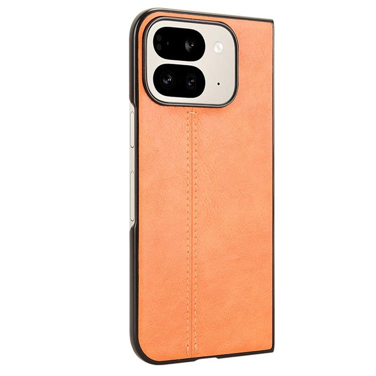 For Google Pixel 9 Pro Fold 5G Case Cowhide Texture Leather+PC Phone Cover Stitching Lines - Orange