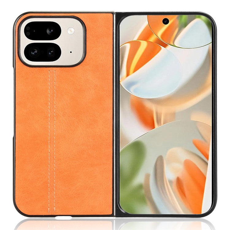 For Google Pixel 9 Pro Fold 5G Case Cowhide Texture Leather+PC Phone Cover Stitching Lines - Orange