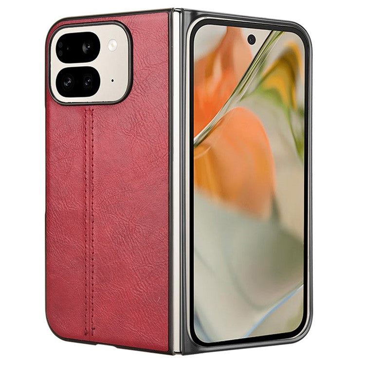 For Google Pixel 9 Pro Fold 5G Case Cowhide Texture Leather+PC Phone Cover Stitching Lines - Red